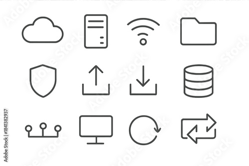 Network Storage Icons. Network storage. Line outline icon set of network storage: cloud, server tower, WiFi