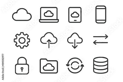 Cloud Service Icons. Cloud services. Line outline icon set of cloud services: cloud, laptop, tablet,