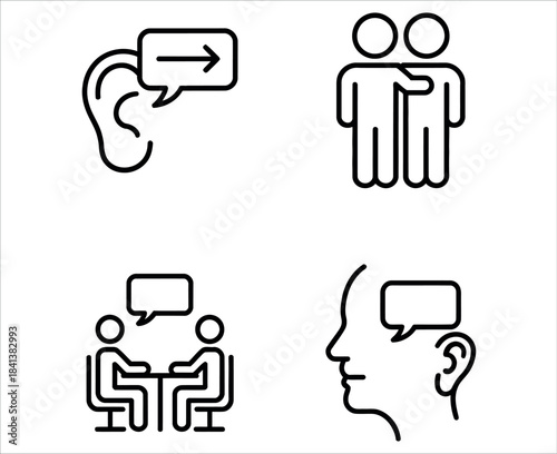 Verbal and Nonverbal Message Thin Line Vector. Icons depict Message Receiver, Active Listening, and Personal Touch in communication. Isolated vector outline illustrations with an editable stroke.