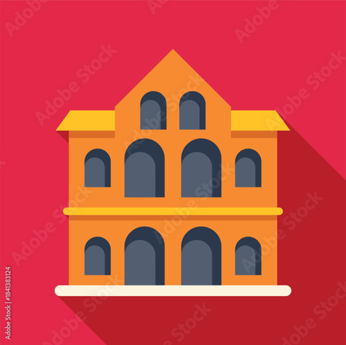 Orange building vector with arched windows and long shadow on red background