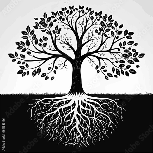 this-black-and-white-image-depicts-a-stylized-tree