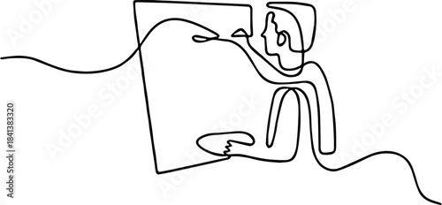 Continuous one-line drawing of an abstract figure (artist or designer) drawing or painting on a large canvas or digital tablet.