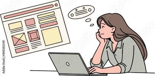 Young woman illustrator or designer contemplating creative ideas for web page layout and user interface design while working on her laptop, focusing on innovative solutions