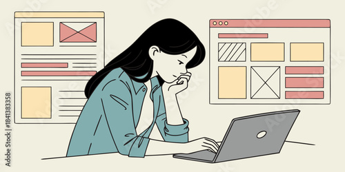 Focused young woman diligently designing user interfaces and web layouts on her laptop, embodying the creative process of UI/UX development and digital innovation