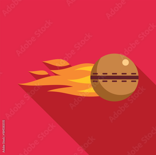 Cricket ball flying rapidly with a fiery trail and long shadow, illustrating speed and power