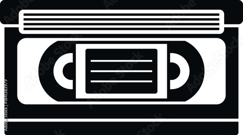 Black and white icon depicting a retro vhs video cassette