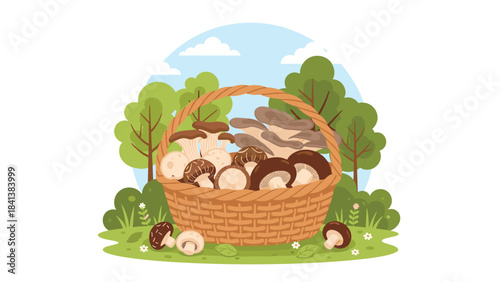 A vibrant illustration of a wicker basket filled with mushrooms on a sunny meadow with trees and a blue sky