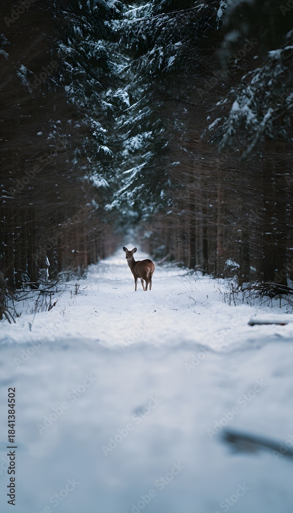 Obraz premium A solitary deer finds peace on a snow dusted path within a tranquil winter forest scene