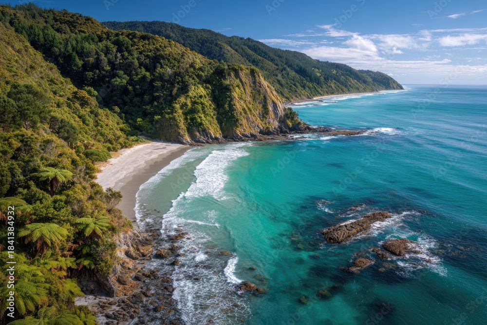 Fototapeta premium Aerial view of a secluded coastal cove with lush vegetation, a sandy beach, and turquoise waters
