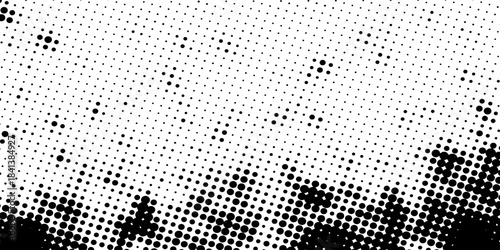 Grunge halftone gradient background. Faded grit noise texture. White and black sand wallpaper. Retro pixelated backdrop. Anime or manga style comic overlay. Vector Eps 10