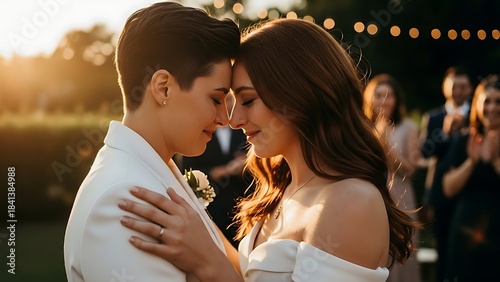 Romantic first dance between a newly married couple illuminated by golden sunlight