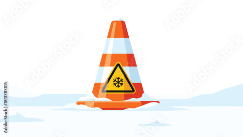 Snowy weather road cone with warning sign on melting traffic cone during winter conditions