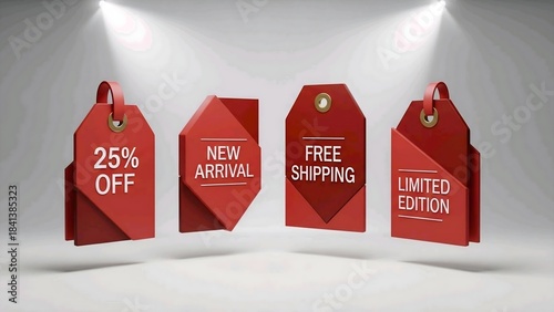 Red tags for retail promotion, offering discounts, new arrivals, free shipping, and limited editions