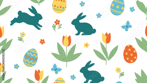 A vibrant seamless pattern featuring teal bunnies, colorful Easter eggs, orange tulips, and small butterflies on a white background, perfect for spring celebrations.