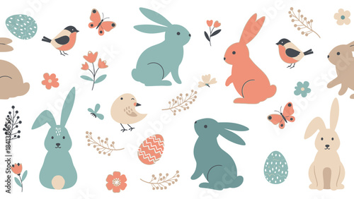 A delightful seamless pattern featuring various pastel-colored bunnies, birds, butterflies, Easter eggs, and spring flowers on a white background, perfect for holiday designs.