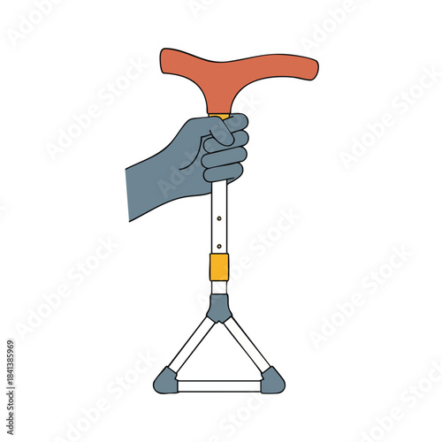 A gloved hand firmly grips the ergonomic handle of a sturdy, adjustable tripod cane for mobility assistance and support.