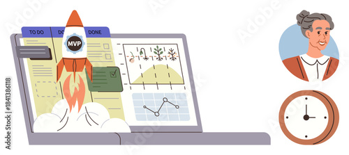 Rocket launching from a laptop with task charts, progress graphs, and a checklist alongside a woman s face and clock. Ideal for project management, productivity, innovation, leadership, planning