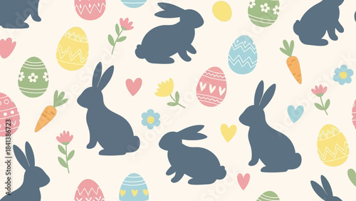 Seamless Easter pattern with cute bunnies, colorful eggs, carrots, and flowers on a light background, perfect for spring holiday designs.