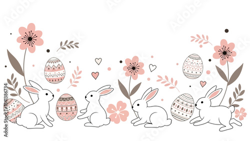 Cute Easter bunnies, decorated eggs, and pink flowers forming a festive border on a white background, perfect for spring holiday designs.