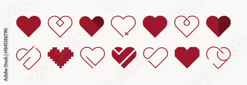 set of geometric abstract logo pink hand draw heart, red doodle line icon heart, romance love elements for Valentine's Day, heart symbol design cards, poster, banner, pattern, advertisement	