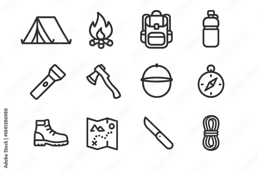 Fototapeta premium Camping Essentials Icons. Camping essentials. Line outline icon set of camping essentials: tent, campfire,