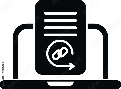 Document with a hyperlink icon on a laptop screen, representing backlink strategy