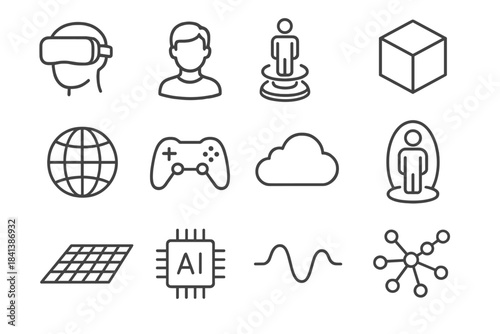 VR Icon Set. Virtual reality and metaverse concept. Line outline icon set of virtual reality and metaverse