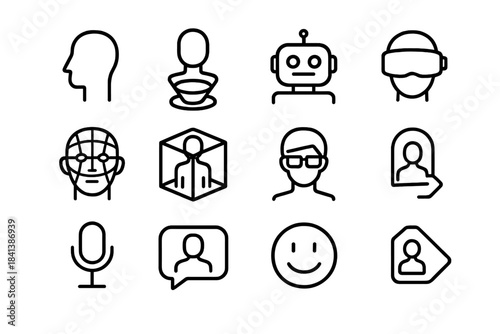 Digital Avatar Icons. Digital avatars. Line outline icon set of digital avatars: profile head, hologram, robot
