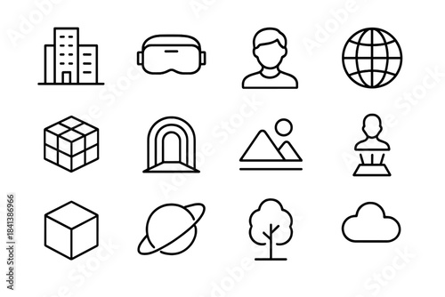 Metaverse Icon Set. Metaverse environment. Line outline icon set of metaverse environment: cityscape, VR