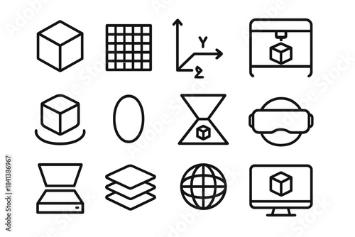 3D Technology Icons. 3D technology. Line outline icon set of 3D technology: cube, grid, axis arrows, printer,