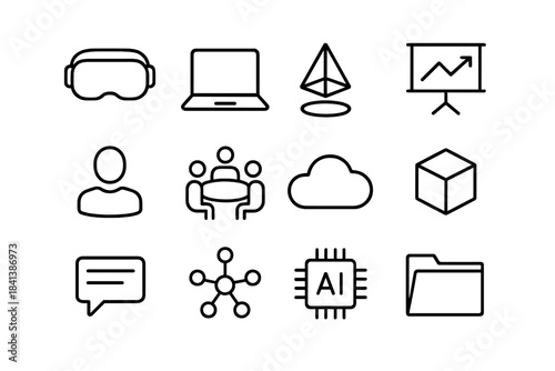 Virtual Workspace Icons. Virtual workspace. Line outline icon set of virtual workspace: VR headset, laptop,