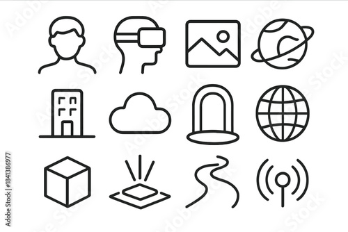 Virtual World Icons. Virtual world. Line outline icon set of virtual world: avatar, VR headset, landscape,