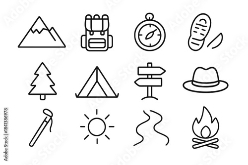 Outdoor Hiking Icons. Outdoor hiking. Line outline icon set of outdoor hiking: mountain, backpack, compass,