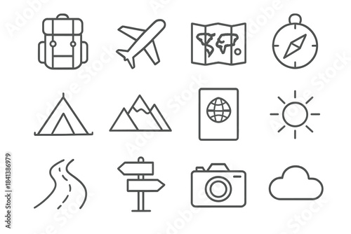 Wanderlust Icon Set. Wanderlust icons. Line outline icon set of wanderlust icons: backpack, airplane, world