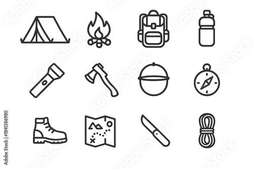 Camping Essentials Icons. Camping essentials. Line outline icon set of camping essentials: tent, campfire,