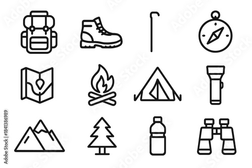Hiking Icons Grid. Hiking adventure. Line outline icon set of hiking adventure: backpack, hiking boots,