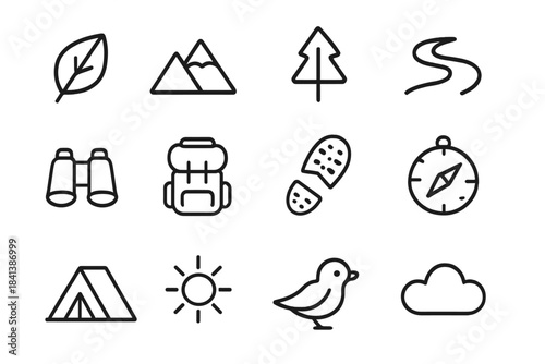 Nature Icon Collection. Nature exploration. Line outline icon set of nature exploration: leaf, mountain, tree,