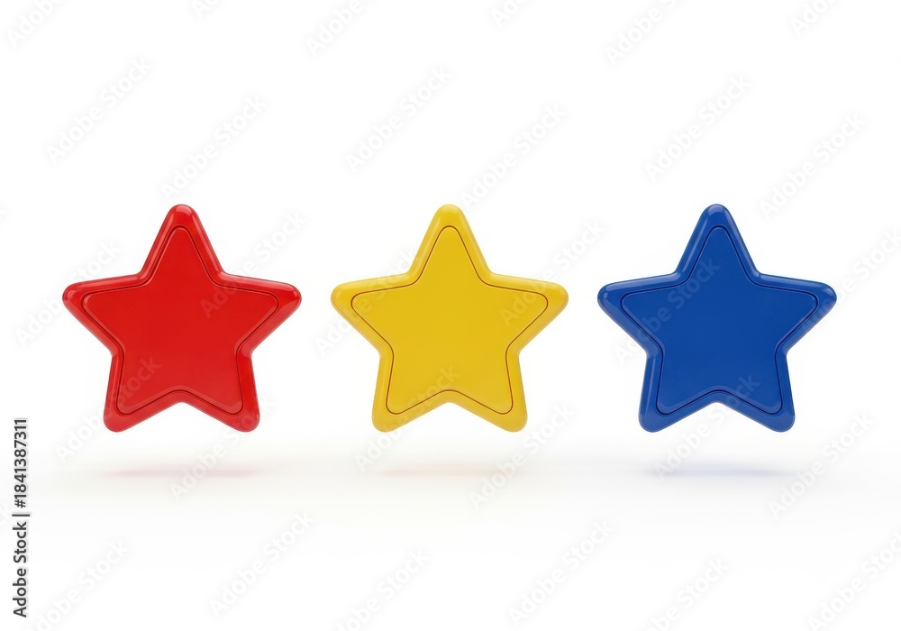 Obraz premium Three dimensional primary colored assessment shapes float above a white surface