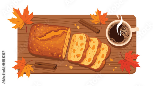 A warm and inviting still life of sliced bread and a cup of coffee on a wooden cutting board surrounded by autumn leaves