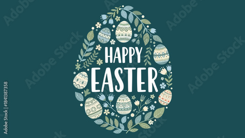 A decorative illustration featuring a large egg shape filled with smaller patterned eggs, leaves, and flowers, with 'HAPPY EASTER' text in the center on a dark teal background.