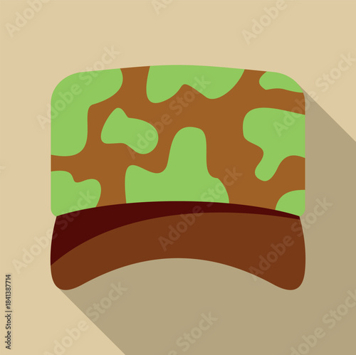 Military soldier hat with camouflage pattern in a flat design style, featuring a long shadow