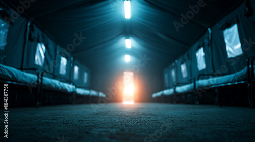 Mobile field hospital interior with beds and bright light entrance, creating hopeful atmosphere