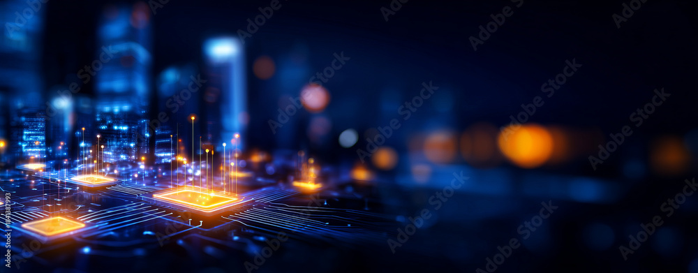 Obraz premium Digital technology landscape with glowing circuits and city skyline
