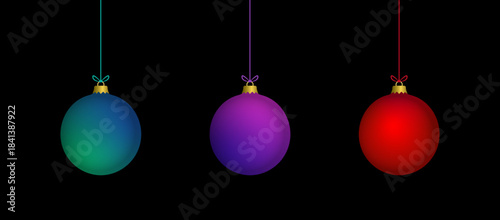Christmas 3d purple, blue, red hanging balls set vector illustration on black background. Merry christmas baubles set to use for christmas card, greetings, xmas, winter holiday, new year projects. 