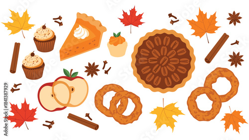 Autumnal thanksgiving food icons with pie, pretzels, apples, cupcakes, and fall leaves