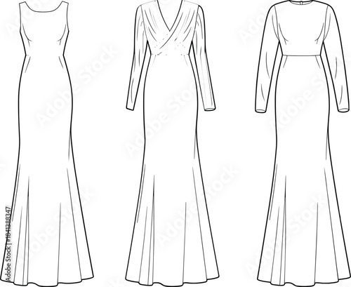 Elegant technical fashion sketches of long flared dresses with varied necklines and sleeves for garment design and pattern making reference.