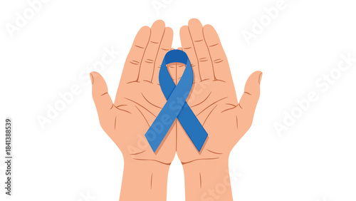 Hands holding a blue ribbon on symbolizing awareness and support for a cause