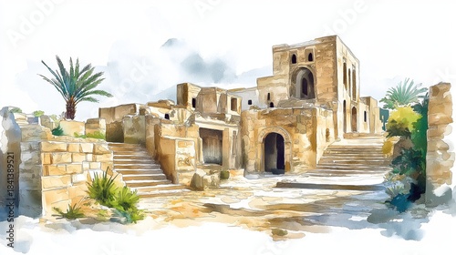 Ancient Carthage. Ancient Carthage hand drawn watercolor illustration on white background