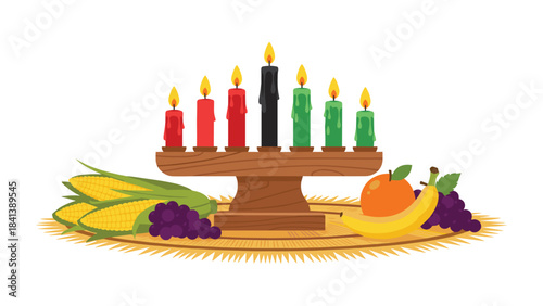 Kwanzaa kinara with colorful candles and traditional fruits and vegetables on a plate