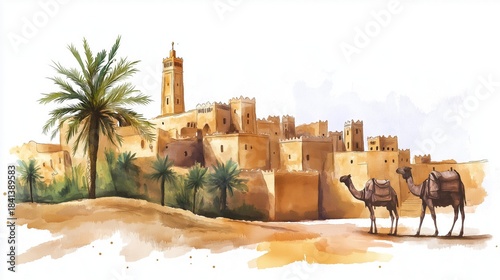 Ghardaia. Ghardaia hand drawn watercolor illustration on white background